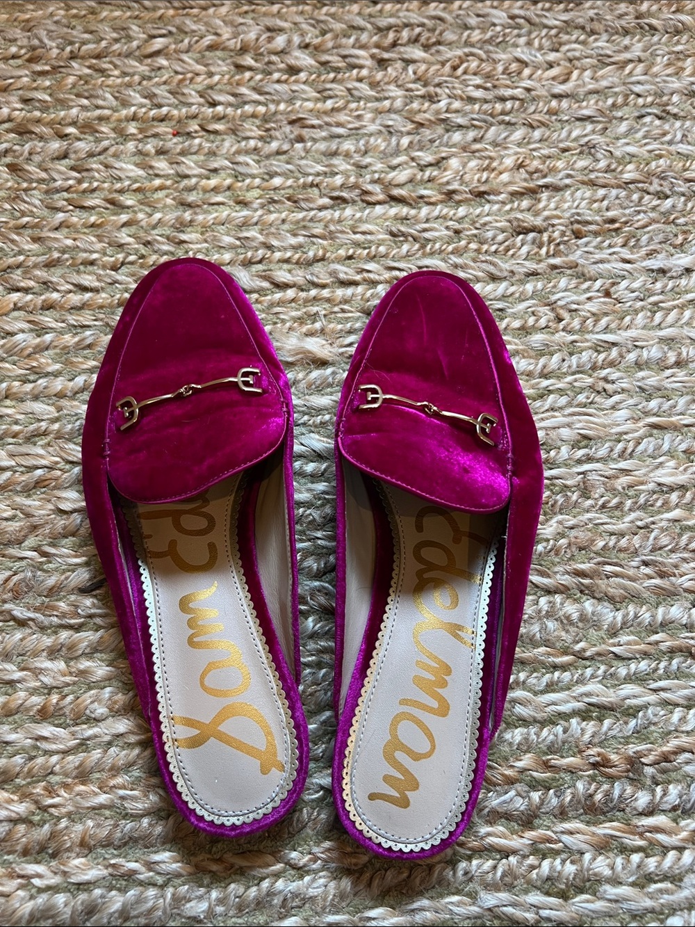 Sam Edelman Fuchsia Velvet Backless Mules with Gold Bit - Picture 2 of 4